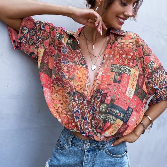 Boho Floral Print Tribal Oversized Blouse Red 90s - Picture 3 of 5